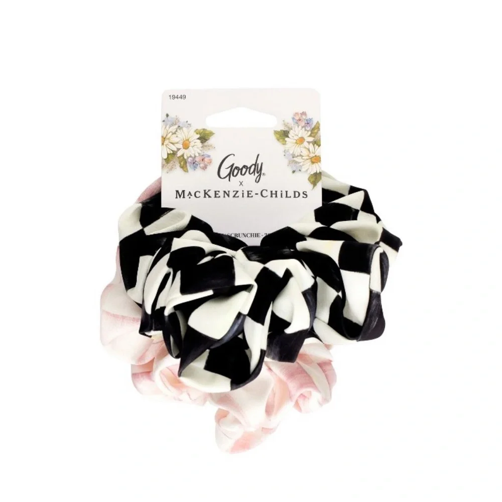 New MacKenzie-Childs x Goody Black White Check Pink Satin Scrunchie Set - 2ct